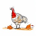 Expressive Cartoon Style Drawing Of A Turkey With Autumn Leaves