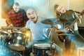 Expressive drummer with his bandmates practicing in rehearsal ro Royalty Free Stock Photo