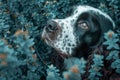 Expressive English Cocker Spaniel Gazing Through Blueish Leaves, Detailed Dog Portrait in Nature