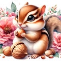 An expressive face of a cute chipmunk, with nuts and flowers, watercolor painting, cartoon, printable