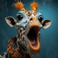 Expressive Giraffe Holding Fish: Aggressive Digital Illustration With Playful Facial Animation
