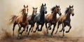Dynamic Painting of Five Running Horses. Royalty Free Stock Photo