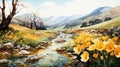 Expressive Landscape: Daffodils Along A River In Watercolor