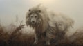 Expressive Lion In Foggy Field Nature-inspired Art By Thomas Wrede