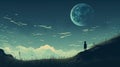 Expressive Manga Style Concept Art: Person Standing On Hill Overlooking Moon