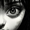 Expressive Manga Style: Scary Girl Drawing In Black And White