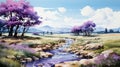 Expressive Manga Style Watercolor Illustration Of Lavender Landscape