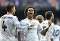 Expressive Marcelo Vieira of Real Madrid celebrates with Sergio Ramos scoring goa