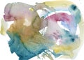 Expressive multicolor watercolor blotch isolated on a white background.