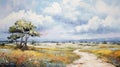 Expressive Oil Painting: Path In Field With Soft Color Fields