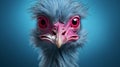Expressive Ostrich Head With Pink Eyes And Blue Hair