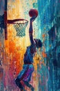 Expressive painting of a player dunking a basketball.