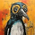 Expressive Penguin Painting On Orange - Urban Expressionism Art