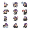 Expressive purple haired girl sticker asset set Royalty Free Stock Photo