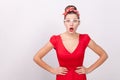 Expressive surprised woman, open mouth with shock, looking at ca Royalty Free Stock Photo