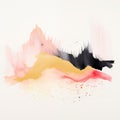 Expressive watercolor abstract depicting rugged peaks and valleys in a blend of pink, black, and yellow with splattered