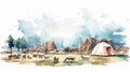Expressive Watercolor Landscape: Sheep, Tent, And Rocks