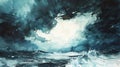 An expressive watercolor painting that captures the dynamic and raw energy of ocean waves in a storm, with a dramatic