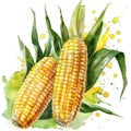 An expressive watercolor painting of corn cobs with dynamic splashes of color