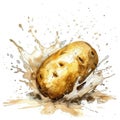 An expressive watercolor of a potato with dynamic golden splashes