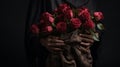 Expressive Woman Holding Red Roses In Dark Tonalities
