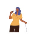 Expressive woman vocalist singing in microphone holding in hands vector illustration on white