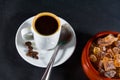 Expresso coffee with beans by German rock sugar Brauner Kandis i Royalty Free Stock Photo