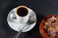 Expresso coffee with German rock sugar Brauner Kandis in bowl Royalty Free Stock Photo