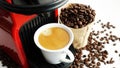 Expresso coffee machine with fresh brewed coffee and roasted beans in white cup Royalty Free Stock Photo