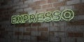 EXPRESSO - Glowing Neon Sign on stonework wall - 3D rendered royalty free stock illustration