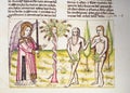 Expulsion from Eden. Miniature depicting bible scene from Genesis