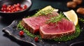 Exquisite Ahi Tuna Steak Slices Infused with Fresh Herbs. Generative AI Royalty Free Stock Photo