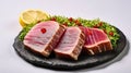 Exquisite Ahi Tuna Steak Slices Infused with Fresh Herbs. Generative AI Royalty Free Stock Photo