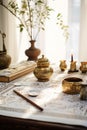 Exquisite Antique Calligraphy Table: Intricate Arabic Lettering and Delicate Brass Inkwells in Serene Studio