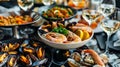 Exquisite array of seafood dishes with refreshing white wine in an elegant dining setup