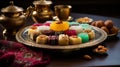 Exquisite Array of Traditional Arabic Sweets on Gold-Rimmed Tray