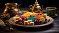 Exquisite Array of Traditional Arabic Sweets on Gold-Rimmed Tray