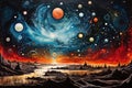 An exquisite artwork capturing a multitude of planets against the backdrop of a mesmerizing sky, Depiction of the universe\'s