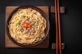 Exquisite Asian cuisine rice noodles, peppers, mushrooms, and spices