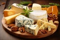 Exquisite Assortment of Gourmet Cheeses Beautifully Presented on a Stylish Wooden Background