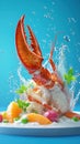 Exquisite Australian lobster dish, vibrant and aromatic, on a blue high-end background, front and side views Royalty Free Stock Photo
