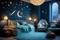 An exquisite bedroom for a boy with a wall decor in the form of the night sky, moon and stars and stylish modern Royalty Free Stock Photo