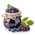 Exquisite bilberry jam marmalade jelly preserves in a glass jar, accompanied by fresh bilberries, showcased against a clean white