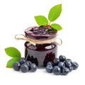Exquisite bilberry jam marmalade jelly preserves in a glass jar, accompanied by fresh bilberries, showcased against a clean white