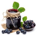 Exquisite bilberry jam marmalade jelly preserves in a glass jar, accompanied by fresh bilberries, showcased against a clean white