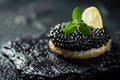 Exquisite black sturgeon caviar, crispy cracker, lemon, gourmet delicacy. Healthy food Royalty Free Stock Photo