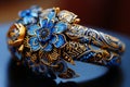 Exquisite blue enamel flower surrounded by sparkling gems on an elegant gold filigree bracelet Royalty Free Stock Photo