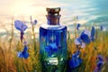 Exquisite blue glass bottle with flax oil. A transparent beautiful flacon with a shiny lid. Generated by AI Royalty Free Stock Photo