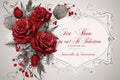An exquisite bouquet of bright red roses beautifully rests on top of a pristine white frame, valentine invitation with hearts and