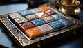 Exquisite brass tray showcasing a variety of luscious and colorful chocolates, eid and ramadan images